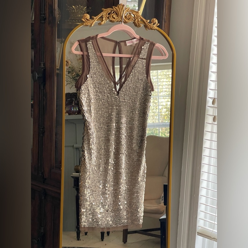 Monique Leshman Lolita Mesh Sequin Brown Jersey Dress NWT Luxury Y2K Deadstock